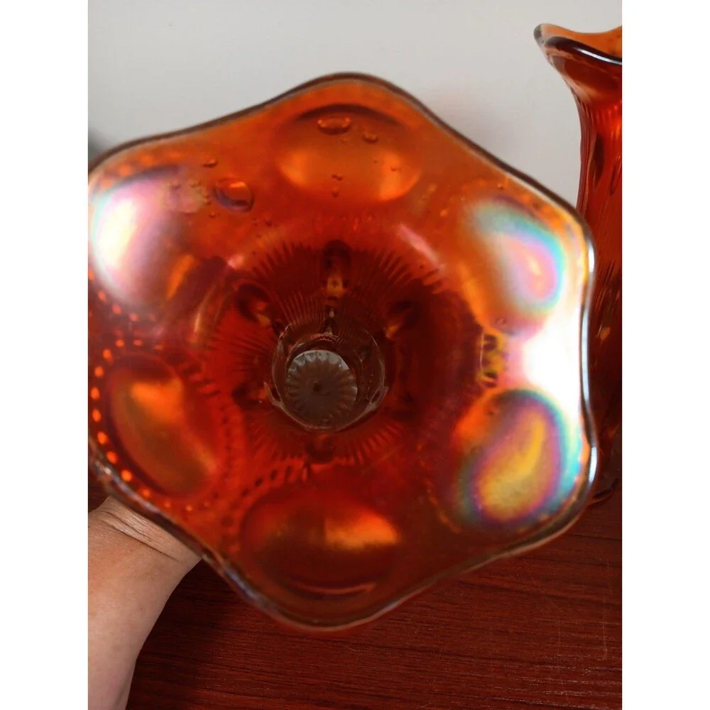 Pair Vtg Imperial Glass Beaded Bullseye Marigold Carnival Glass Vases EUC